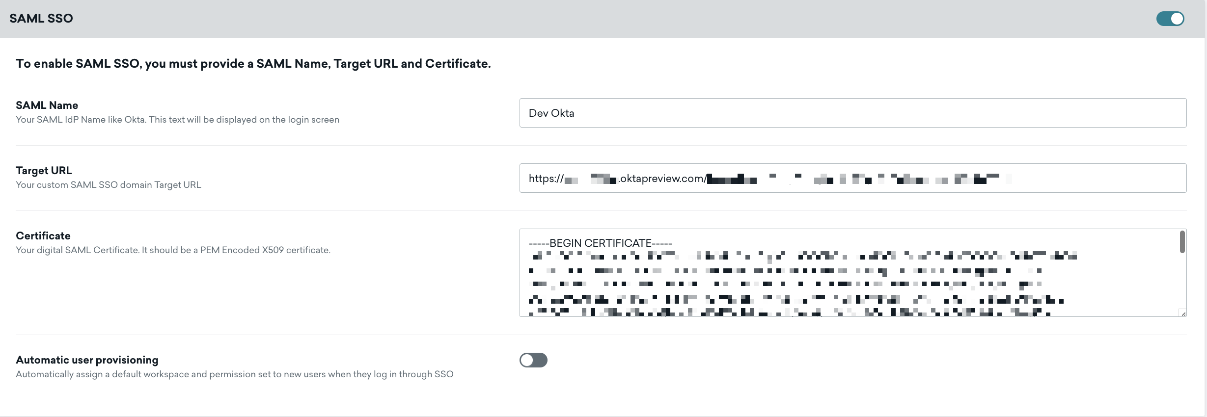 [セキュリティ設定] ページで、Okta SAML SSO が有効になっています。