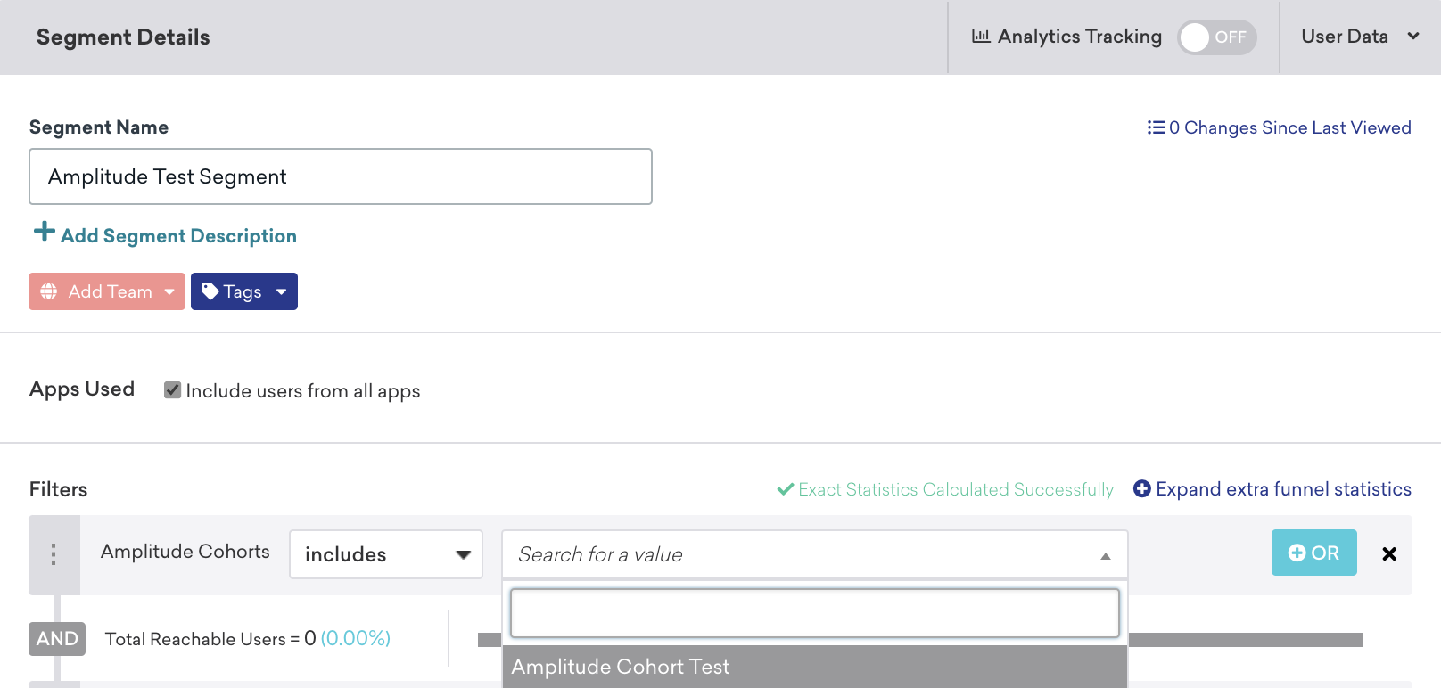 Braze セグメントビルダーでフィルター「amplitude_cohorts」が「includes_value」と「Amplitude cohort test」に設定されている。