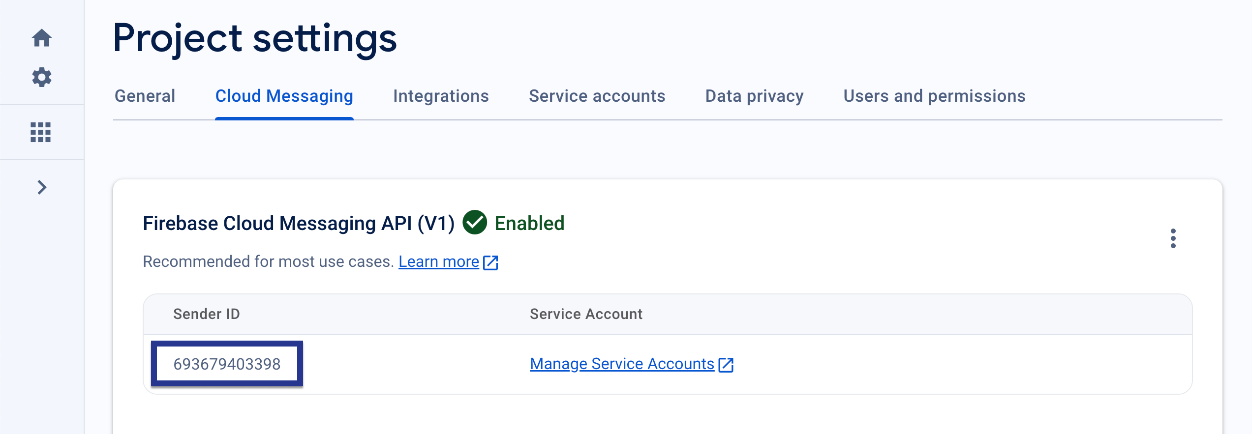 [送信者 ID] が強調表示されている Firebase プロジェクトの「Cloud Messaging」ページ。