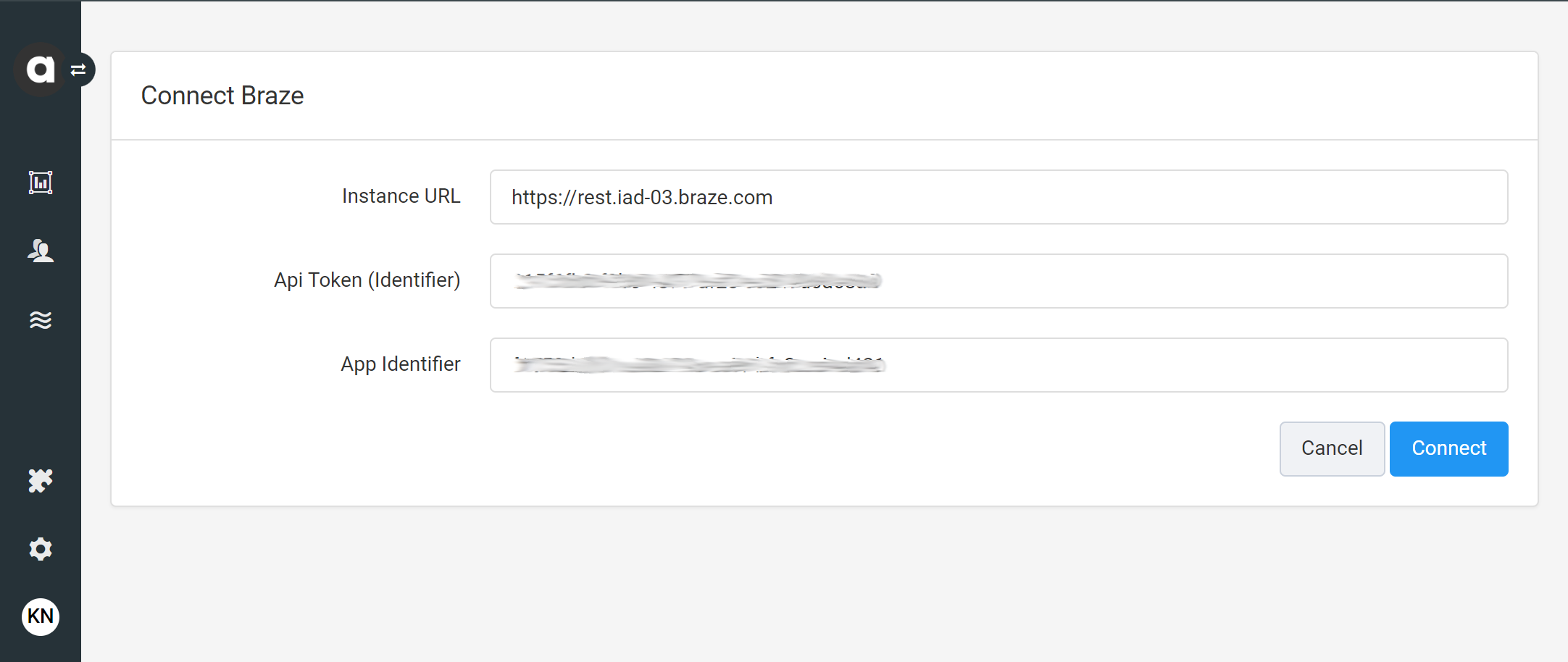 「Instance URL」、「API Token」、「App Identifier」が表示されている Antavo の「Connect Braze」画面。