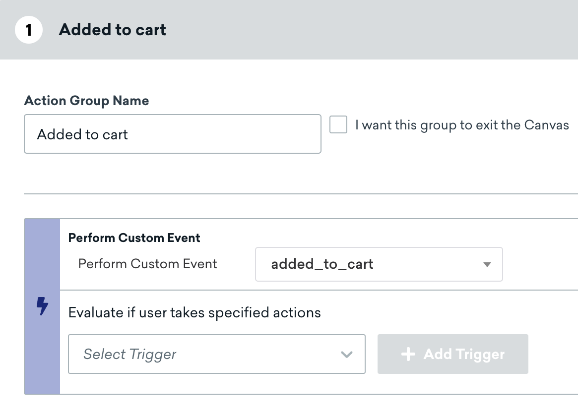 アクショングループ名が「Added to cart」に設定され、「カスタムイベントを実行」が「added_to_cart」に設定されている。