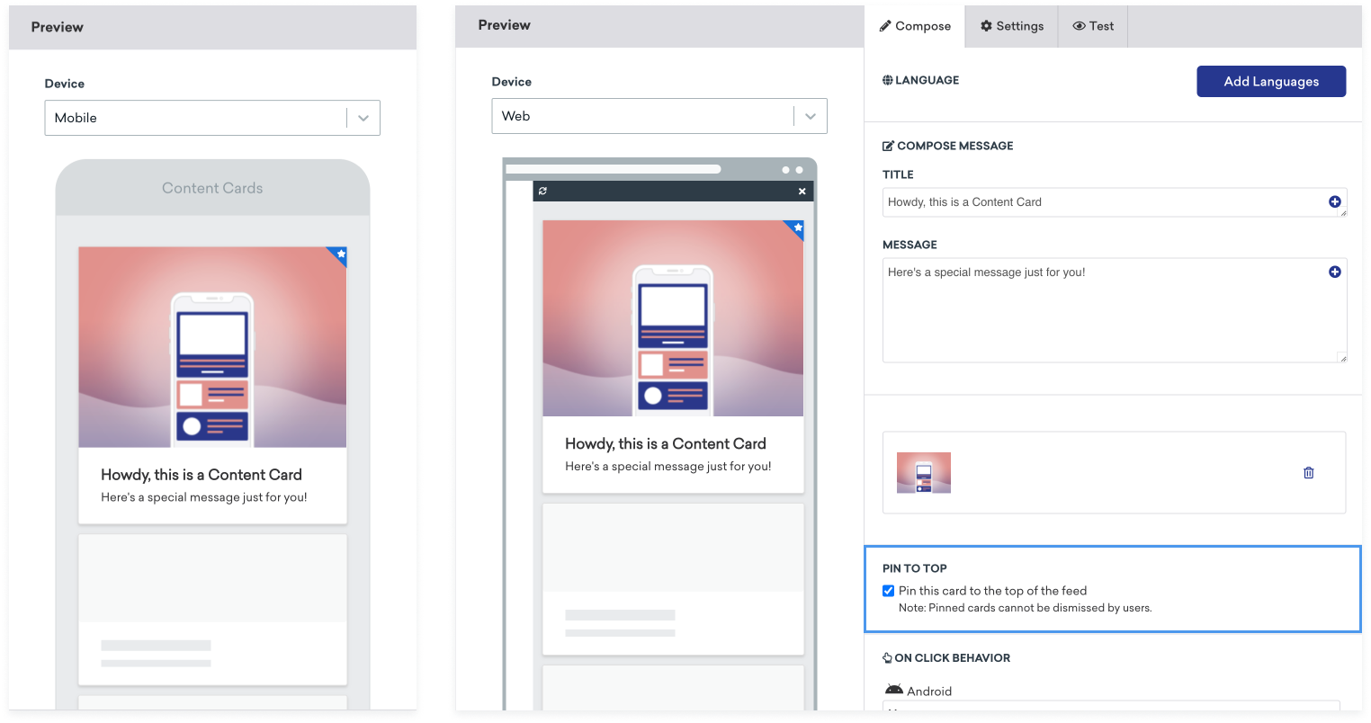 Braze for MobileとBraze for Webのコンテンツカードプレビューを、「このカードをフィードの先頭にピン留めする」オプションを選択した状態で並べてみた。