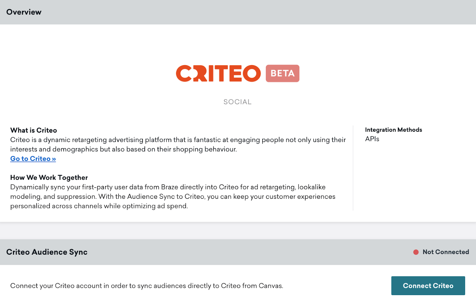 Overview セクションとConnected Criteo ボタン付きのCriteo セクションを含むBraze のCriteo テクノロジページ。