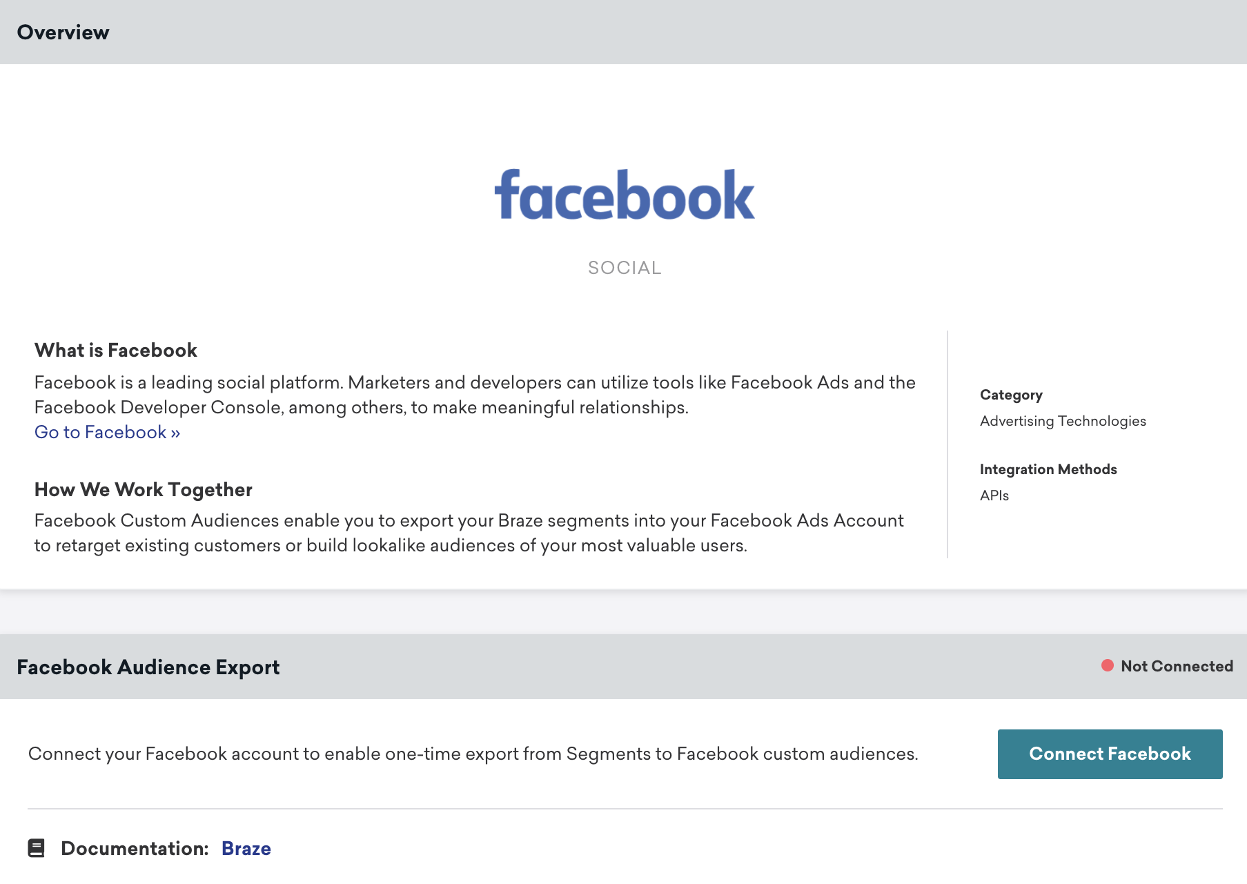 Braze のFacebook テクノロジーページ。Overview セクションと、Connected Facebook ボタンを持つFacebook Audience Export セクションが含まれます。