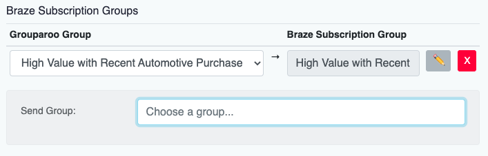 Grouparoo宛先設定ウィンドウの "Braze Subscription Groups "で、"High value with recent automotive purchase "Grouparooグループが "High value with recent automotive purchase "Brazeサブスクリプショングループに追加される。