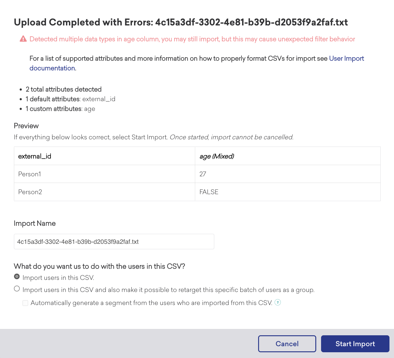 CSV のアップロードが完了しましたが、ある列でデータ型が混在しているエラーが発生しました