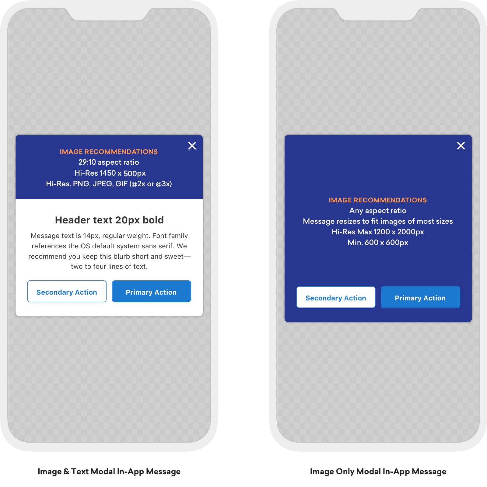 画像とテキストの推奨事項が詳細を含む、2 つのモーダルアプリ内メッセージを並べて表示したところ。詳細については、次のセクションを参照してください。