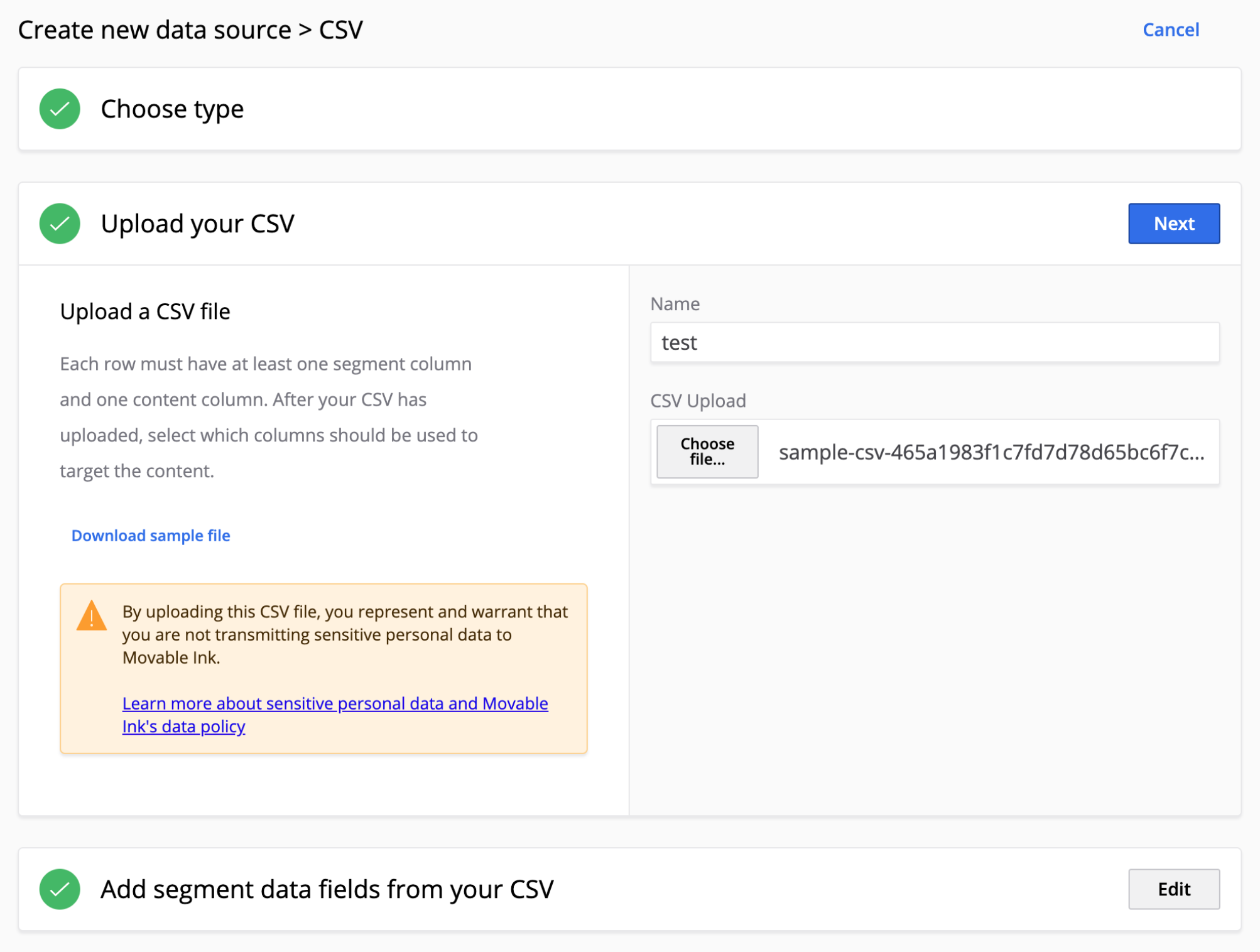 「CSV」をデータソースとして選択すると表示されるフィールド。