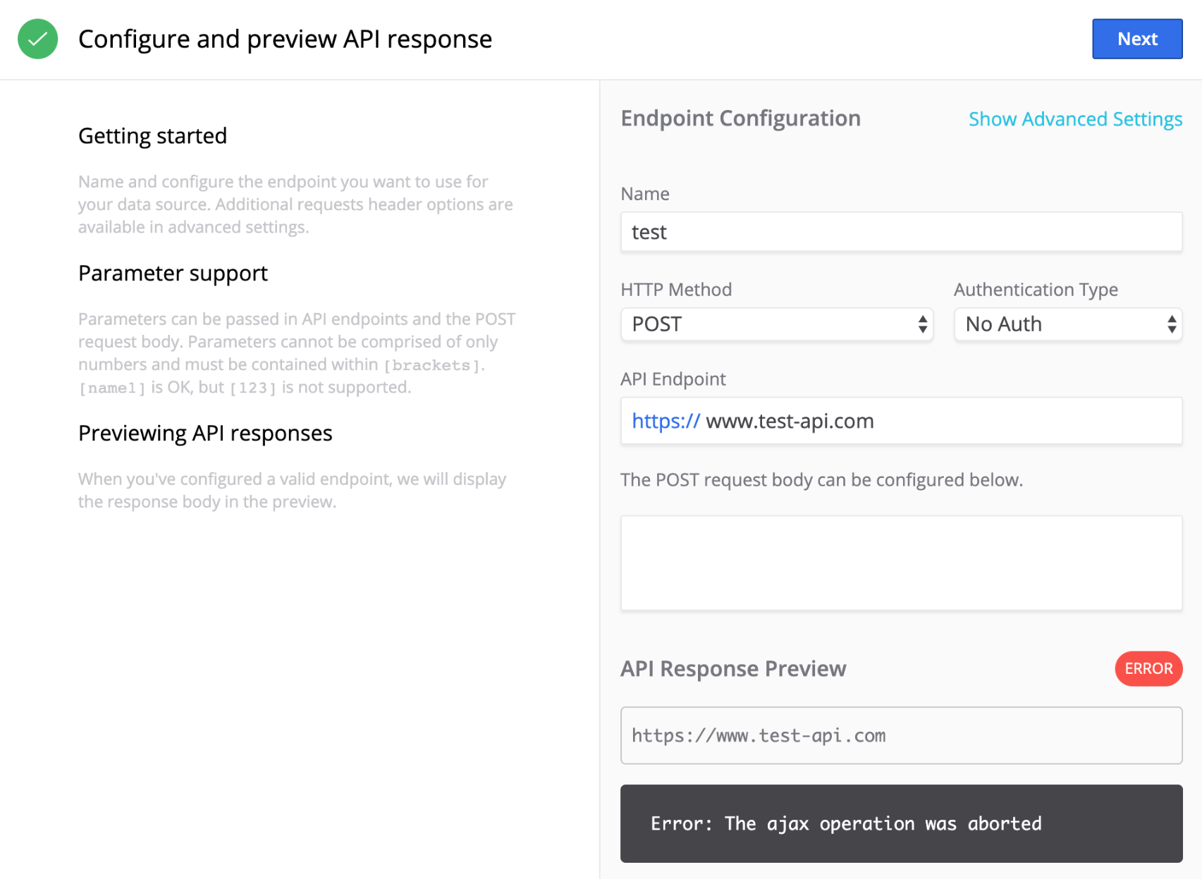 「API Integration」をデータソースとして選択すると表示されるフィールド。