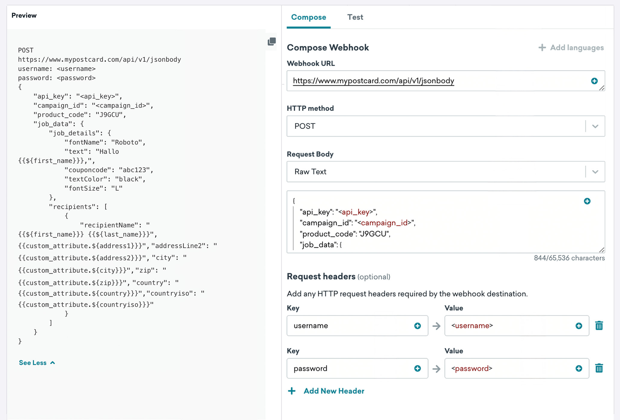 JSONボディとWebhook情報を表示するComposeタブ。