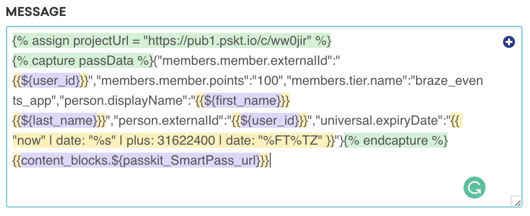 キャプチャされた JSON およびコンテンツブロック参照を含むコンテンツブロックメッセージ作成画面。