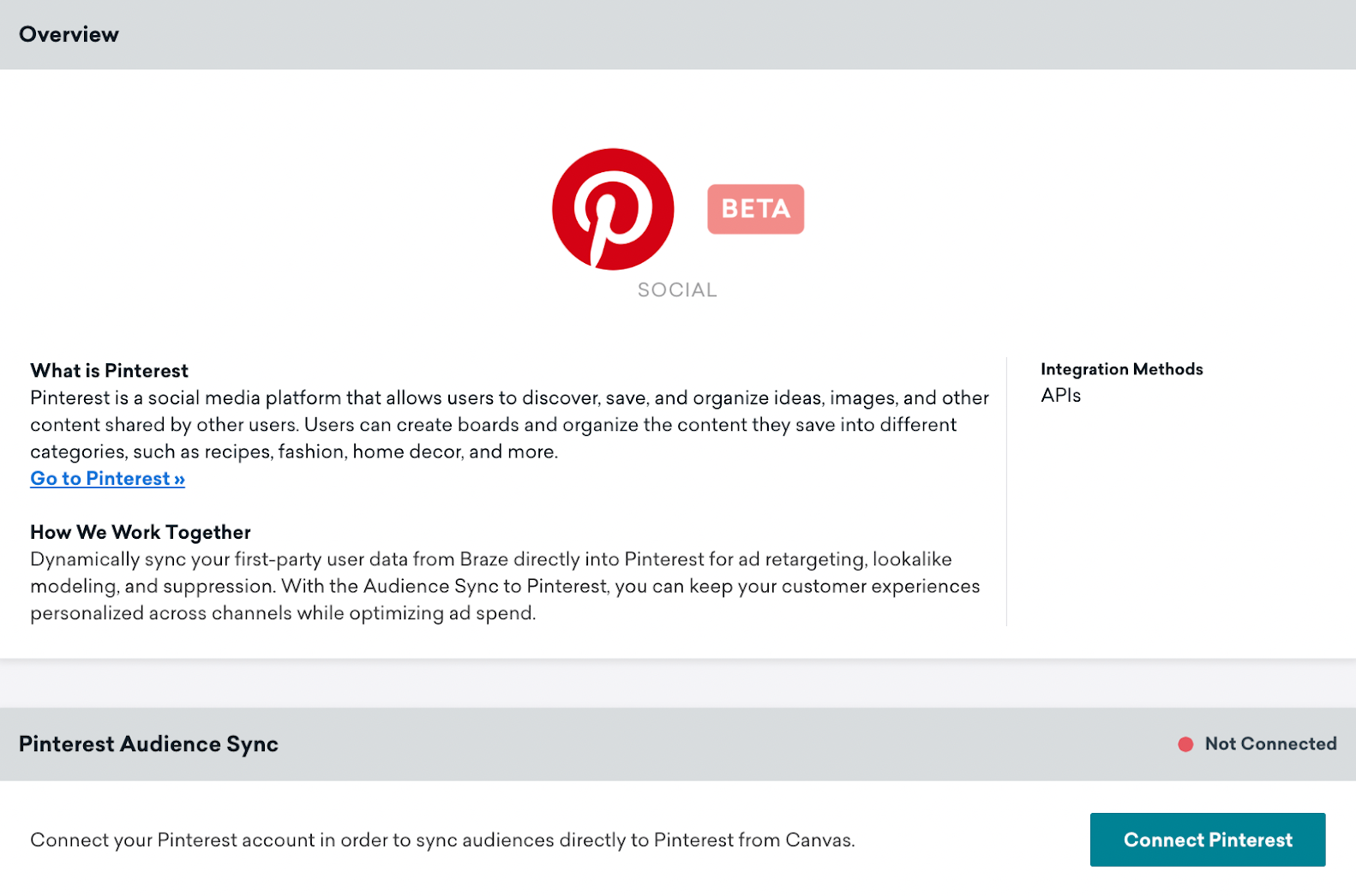 Braze のPinterest テクノロジページ。Overview セクションとPinterest Audience Sync セクションとConnected Pinterest ボタンが含まれます。