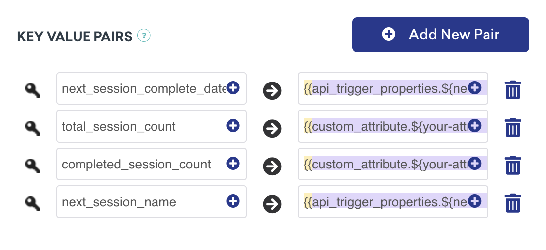 4つのキーと値のペアのセットで、「next_session_name」と「next_session_complete_date」はLiquidを使用してAPIトリガープロパティとして設定され、「completed_session count」と「total_session_count」はLiquidを使用してカスタムユーザー属性として設定されます。