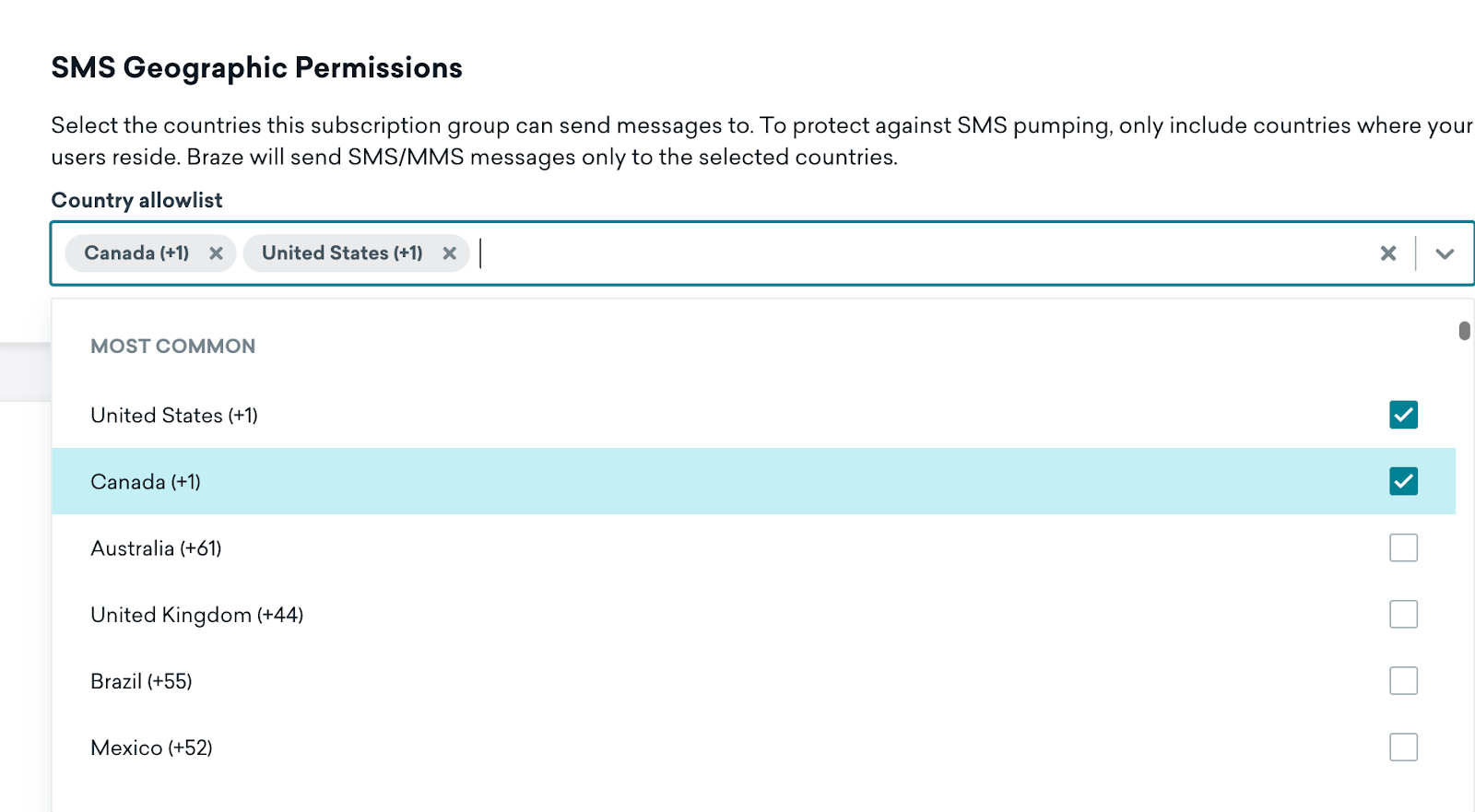 最も一般的な国が一番上に表示される "Country allowlist "ドロップダウン。