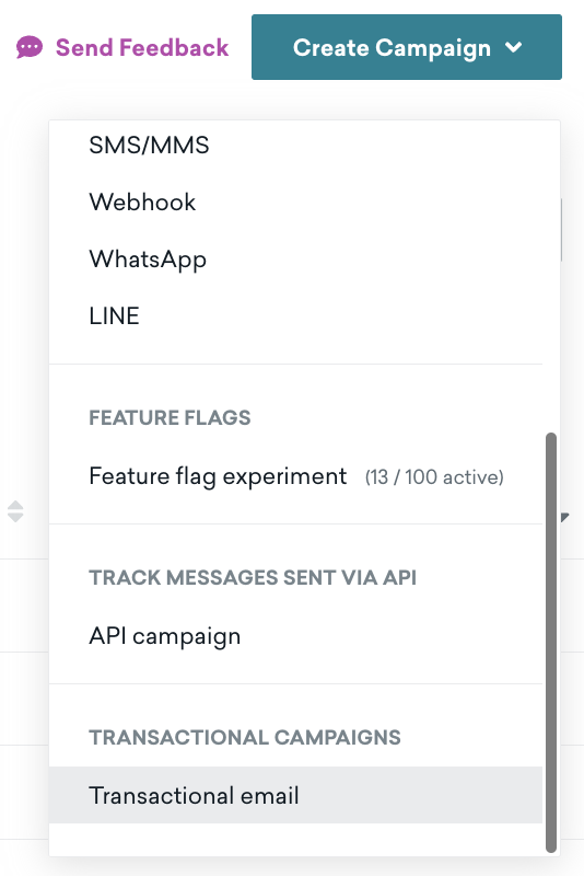 トランザクションメールの選択肢が強調表示された [キャンペーンの作成] ドロップダウン。