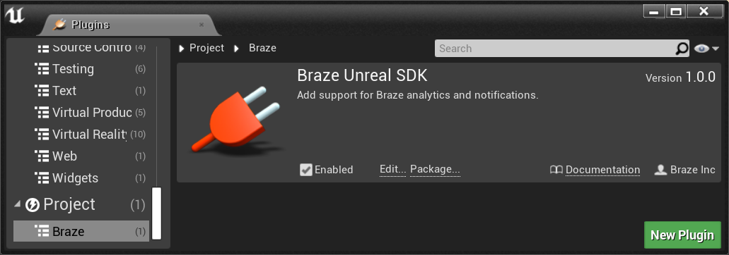 Unreal Engine UI に表示された Braze Unreal SDK プラグイン。