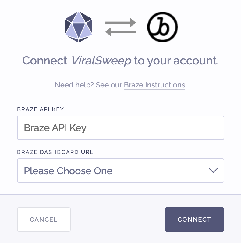 ユーザーに Braze API キーと Braze ダッシュボード URL の入力を求める ViralSweep サービス統合ページ。