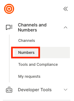 Infoblip の「Channels and Numbers」セクションに表示された「Numbers」。