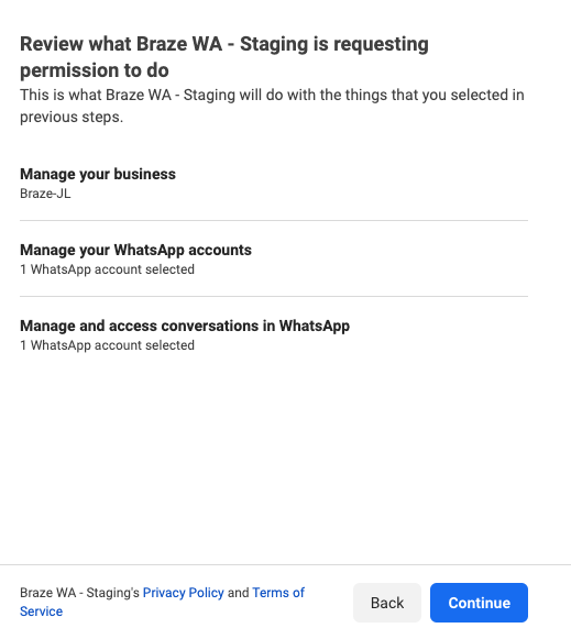 WhatsApp Business アカウントによって要求された権限のリスト。