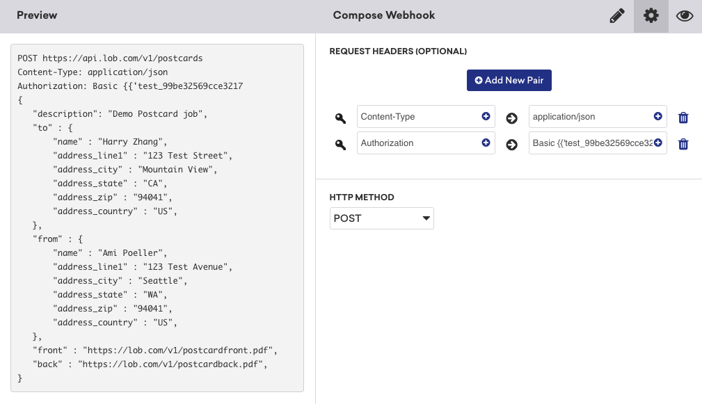 Braze Webhook ビルダー作成タブに表示されているリクエスト本文のコードと Webhook URL。