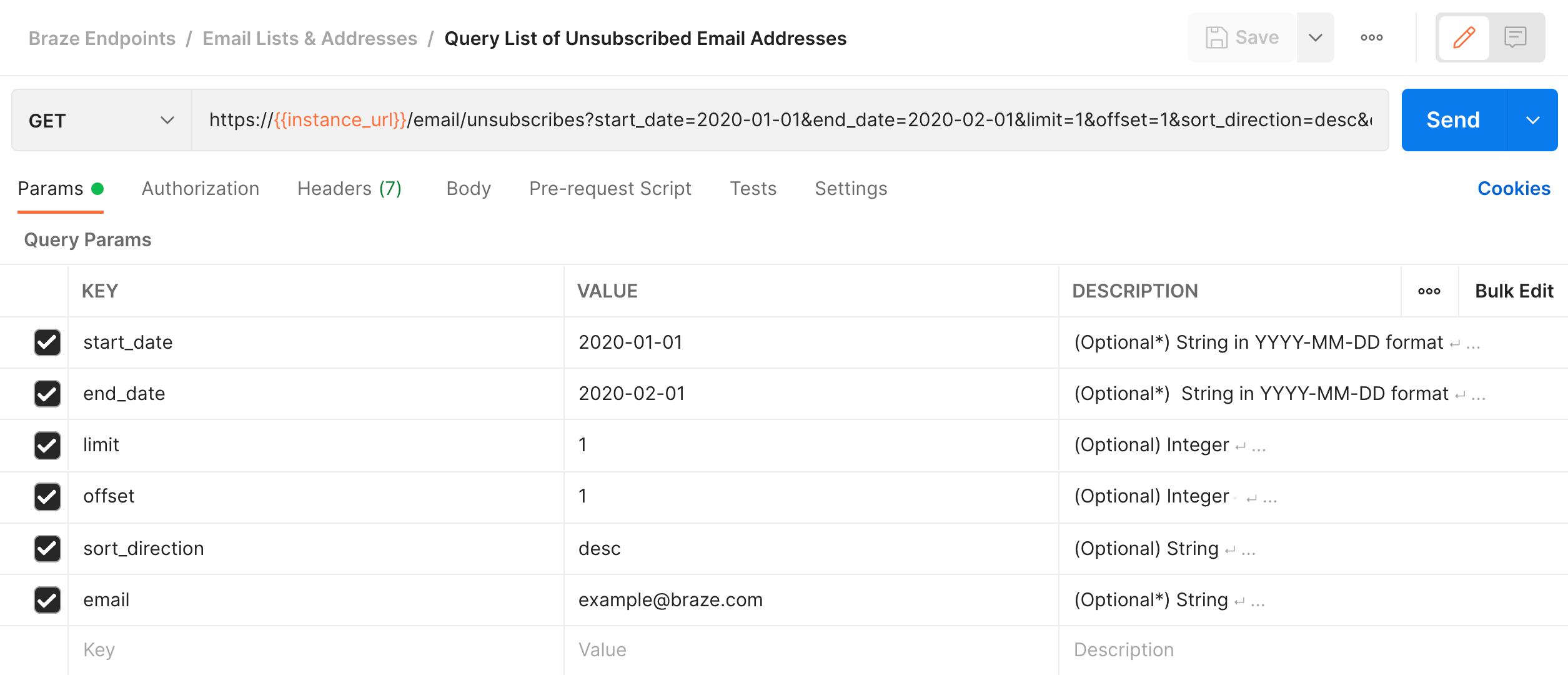 Postman で GET Query List of Unsubscribed Email Addresses (配信停止済みメールアドレスのクエリリストの取得) リクエストを編集するときの「パラメータ」タブ。