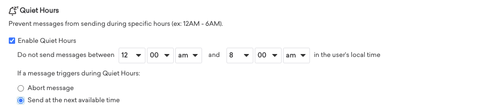 クワイエットアワーを有効にしたキャンペーン。この例では、ユーザーの現地時間の午前 12 時から午前 8 時まではメッセージは送信されません。メッセージがサイレント時間中にトリガーされた場合、メッセージは次に利用可能な時間に送信されます。