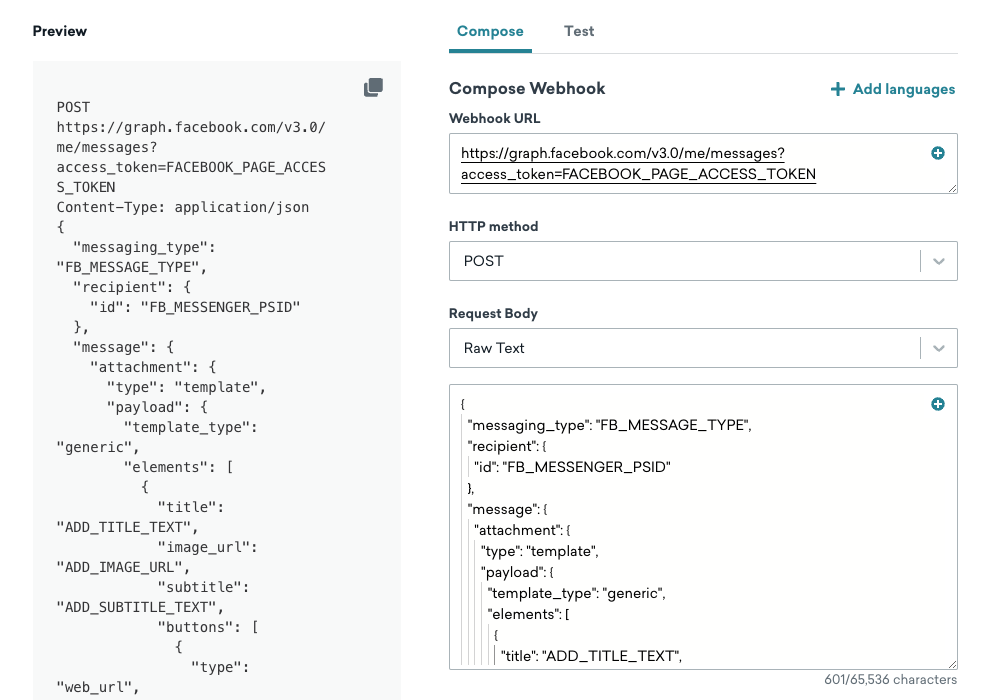 Facebook MessengerのWebhookテンプレートの例がある「Compose」タブ。