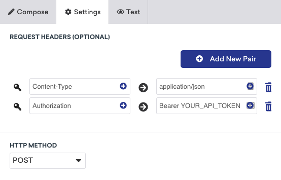 Webhook のリクエストヘッダーが表示されている [設定] タブ。